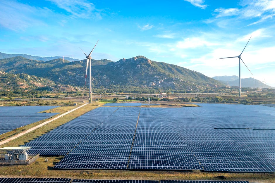 aerial view of wind turbines and solar panels in ninh thuan