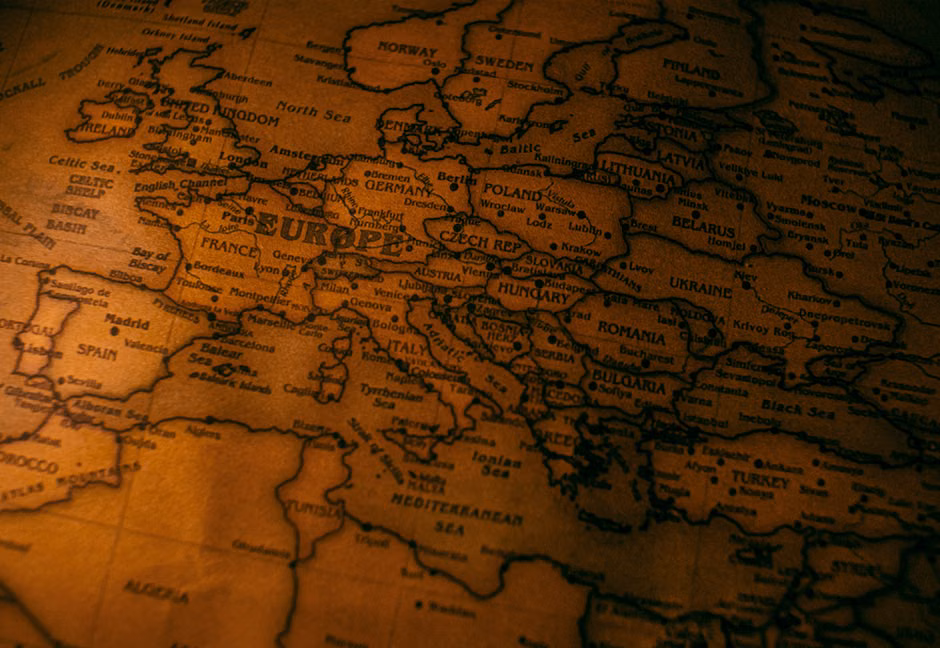 Detailed vintage-style map of Europe showcasing classic travel routes and countries.